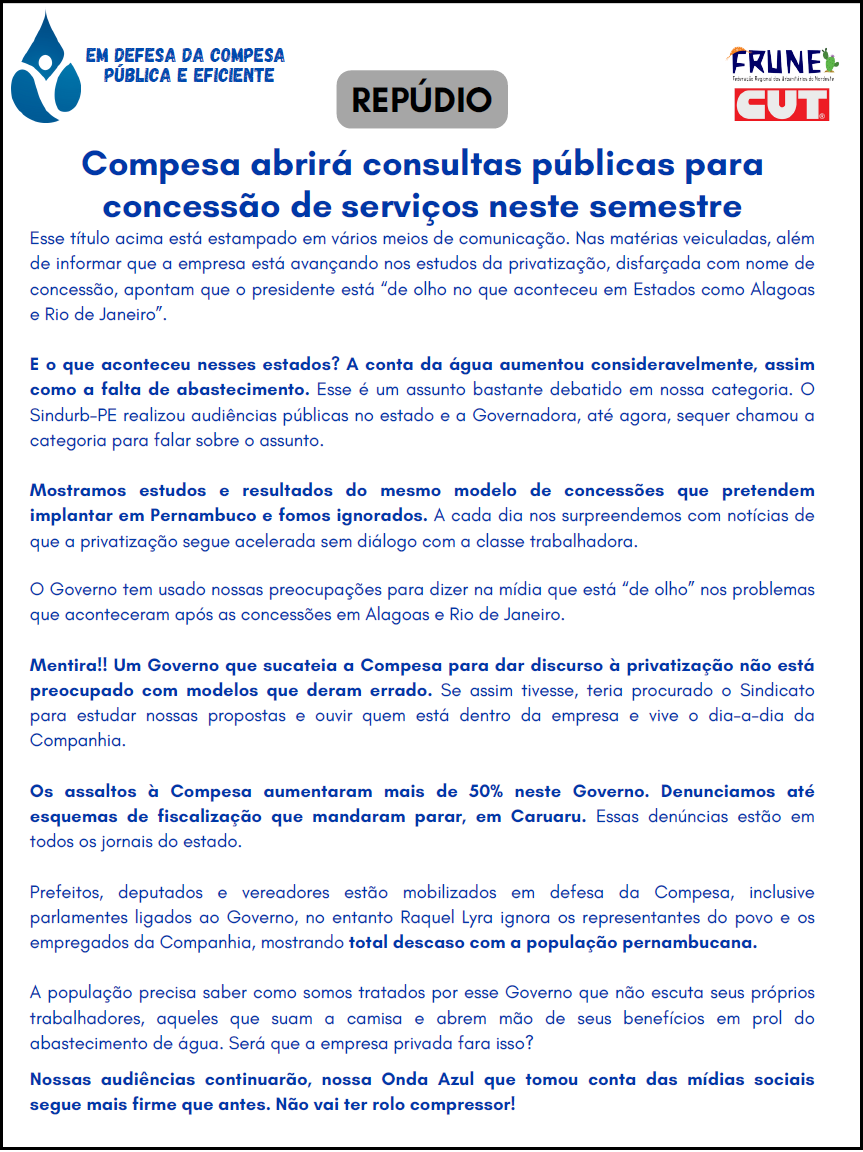 Carta Repúdio – Privatização Compesa 22.02.24